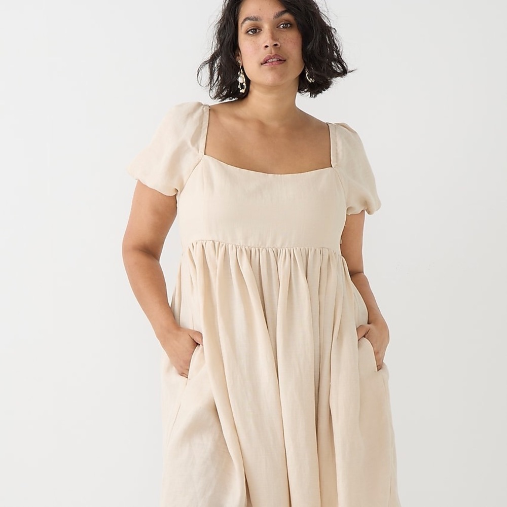 J.Crew Puff-Sleeve Linen-Cupro Blend Mini Dress Beige Cream Tan Size 12